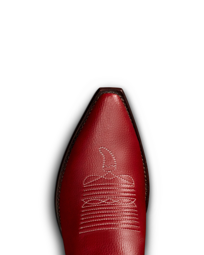 Toe view of The Booth Boot - Chili's Booth Red Vinyl on plain background