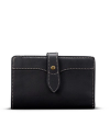 A black leather wallet with white stitching and a snap closure.