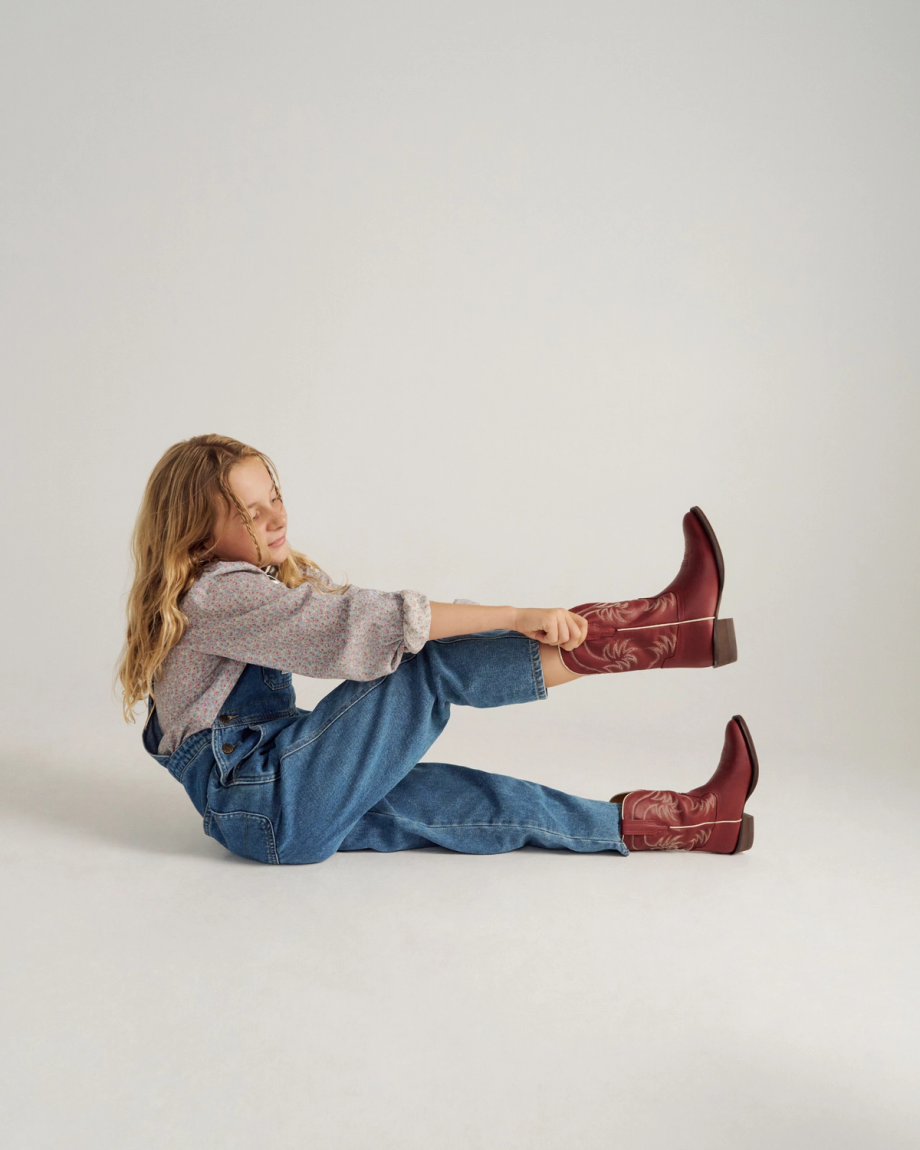 Full view of The Annie Kid - Scarlet Cowhide on model