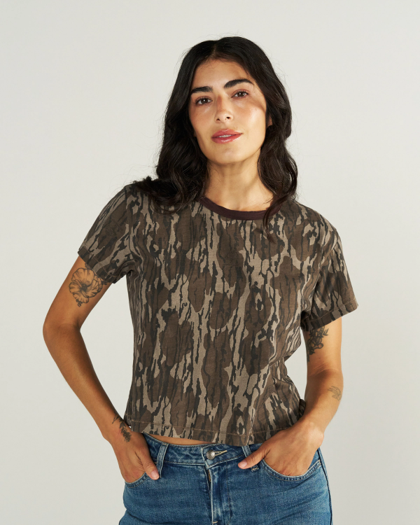 Front view of Women's Tecovas x Mossy Oak Ringer Tee - Original Bottomland on model