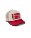 Quarterfront view of Tecovas Cowgirl Patch 5 Panel Trucker - Red / White on plain background
