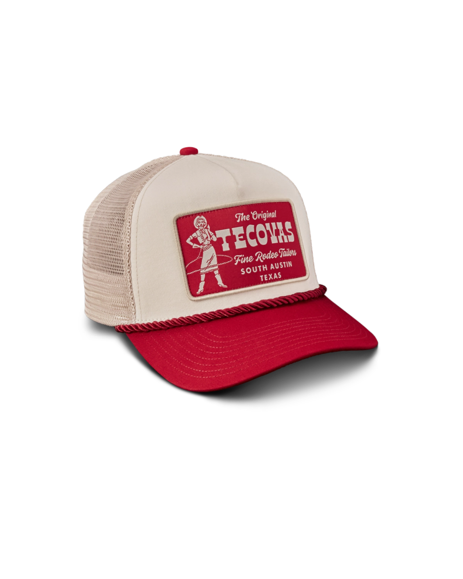 Quarterfront view of Tecovas Cowgirl Patch 5 Panel Trucker - Red / White on plain background