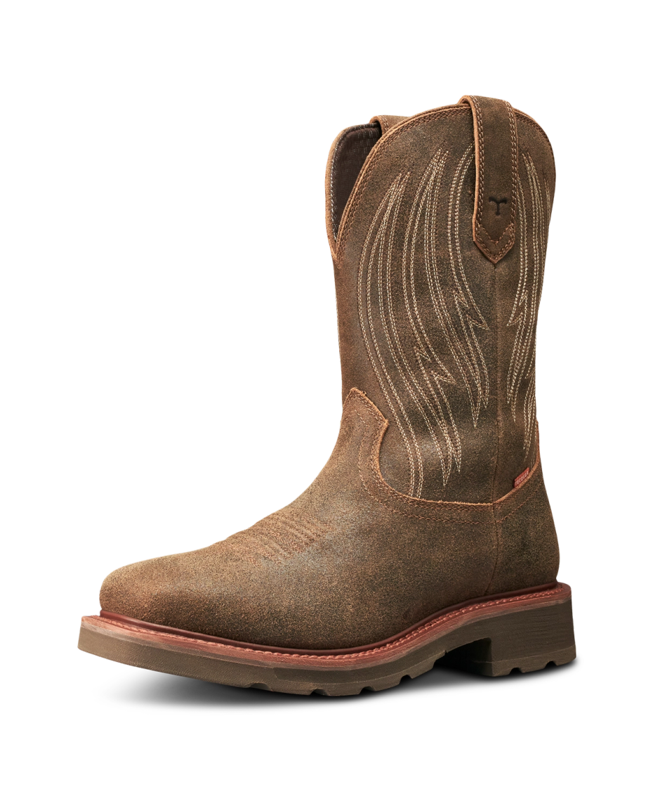 Quarterfront view of LongHaul Waterproof Square Soft Toe Work Boot with Temp Control - Earthstone Cowhide on plain background