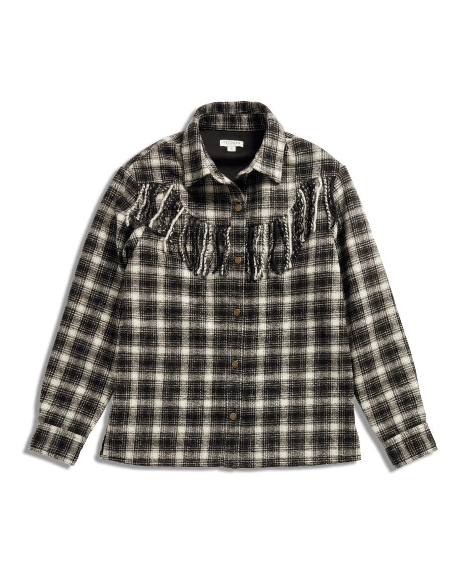 Closeup detail view of Women's Plaid Fringe Shacket - Black / White