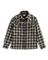 Closeup detail view of Women's Plaid Fringe Shacket - Black / White