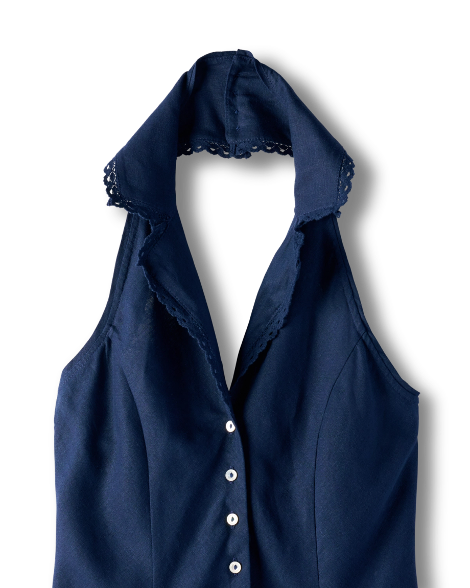 Closeup detail view of Women's Sleeveless Collared Mini Dress - Navy