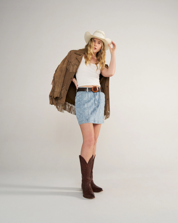 Full view of Women's High-Rise Denim Mini Skirt - Blue Bandana on model