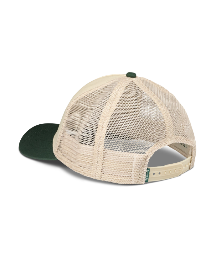 A baseball cap with a dark green visor and a beige mesh back, shown from the rear with an adjustable snap closure.