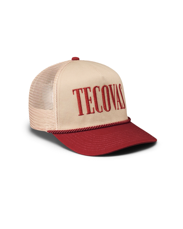 Quarterfront view of Tecovas Badge Trucker - Red on plain background