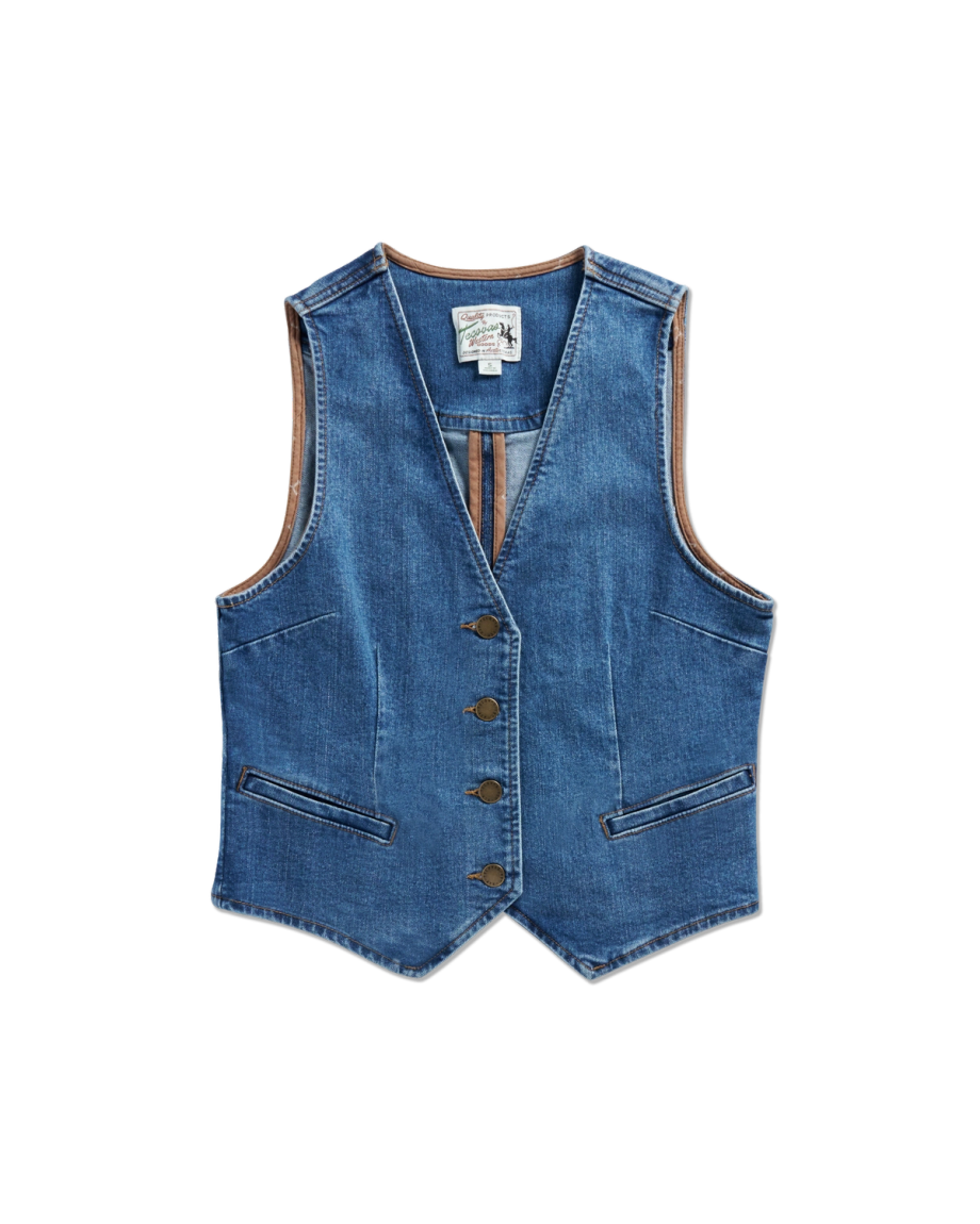 Front view of Women's Denim Vest - Medium Wash on plain background