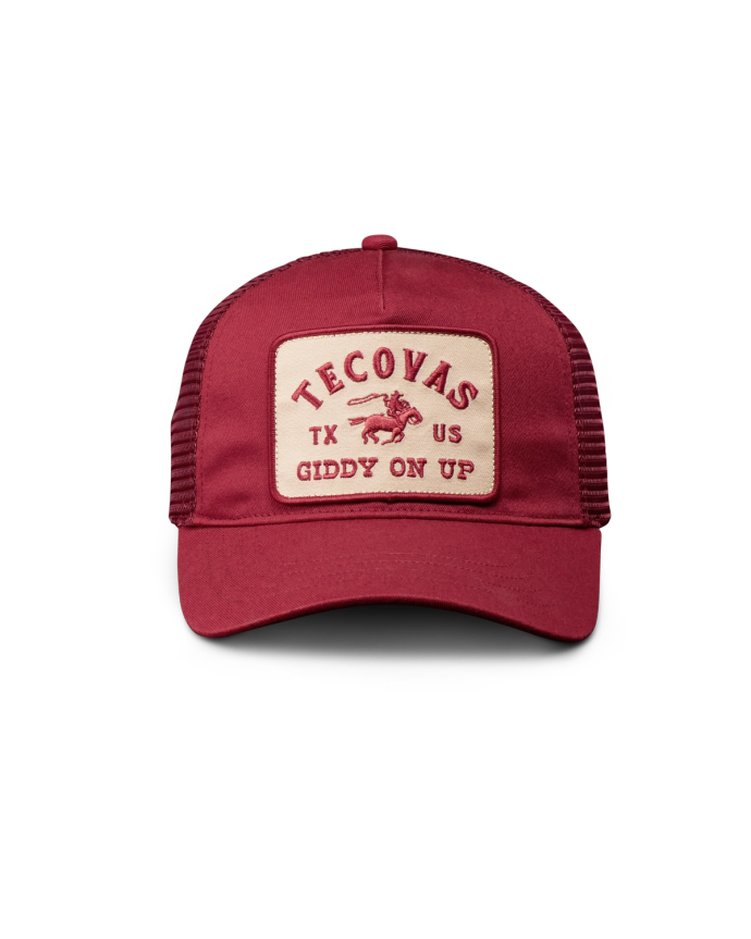 Front view of Giddy On Up 5 Panel Low Pro Trucker - Burgundy on plain background