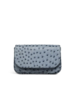 A small, rectangular, blue-gray handbag with a textured surface and a flap closure, set against a plain white background.