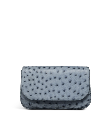 A small, rectangular, blue-gray handbag with a textured surface and a flap closure, set against a plain white background.