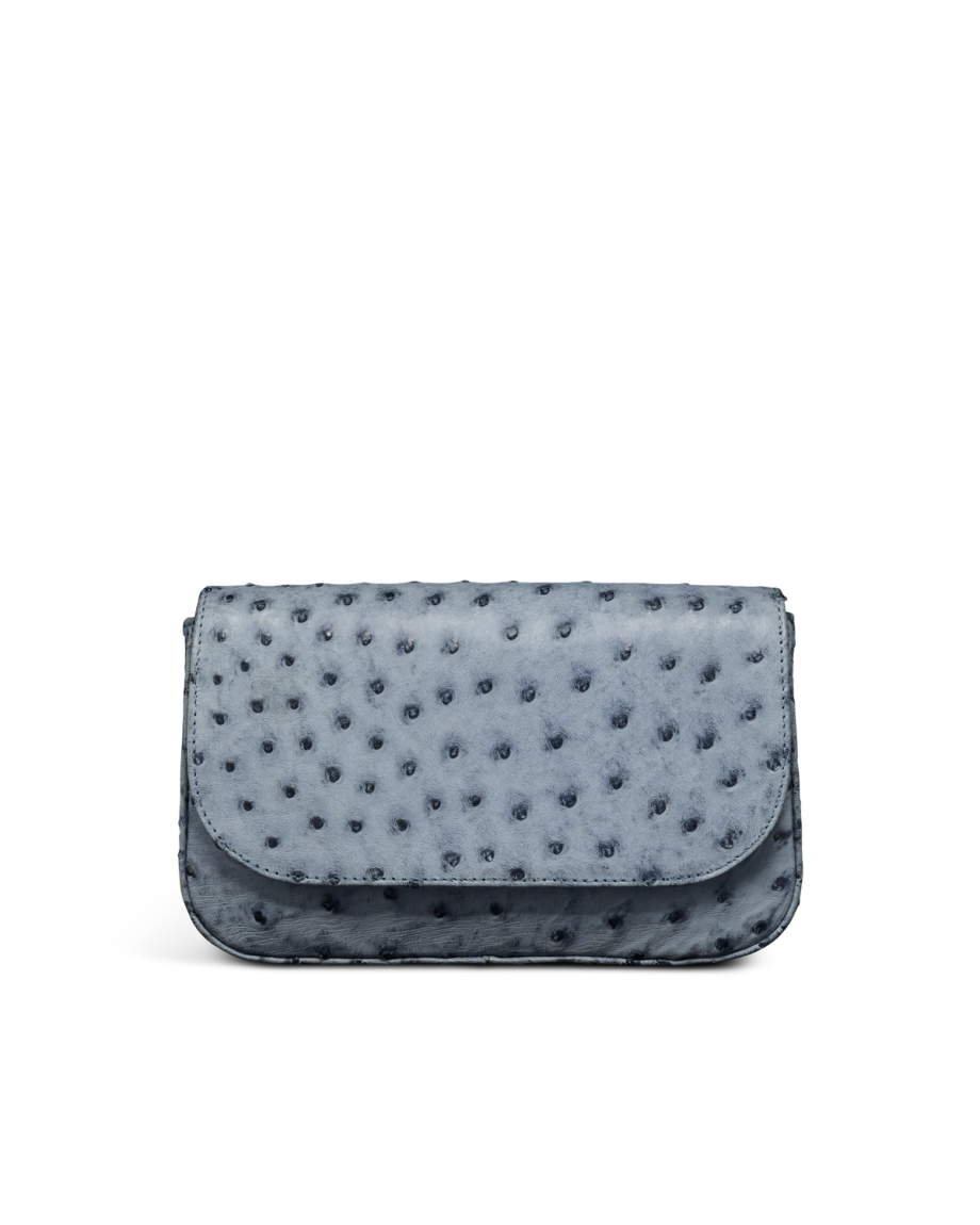 A small, rectangular, blue-gray handbag with a textured surface and a flap closure, set against a plain white background.