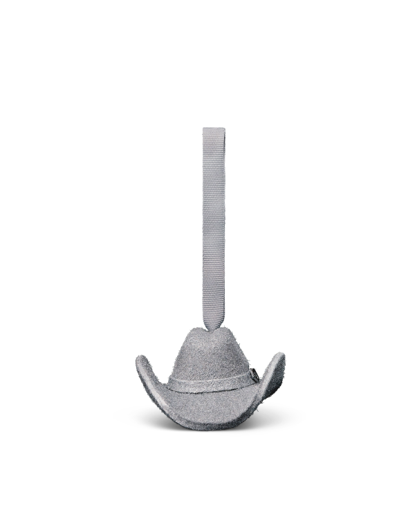 Grey suede cowboy hat ornament with a matching hanging ribbon.