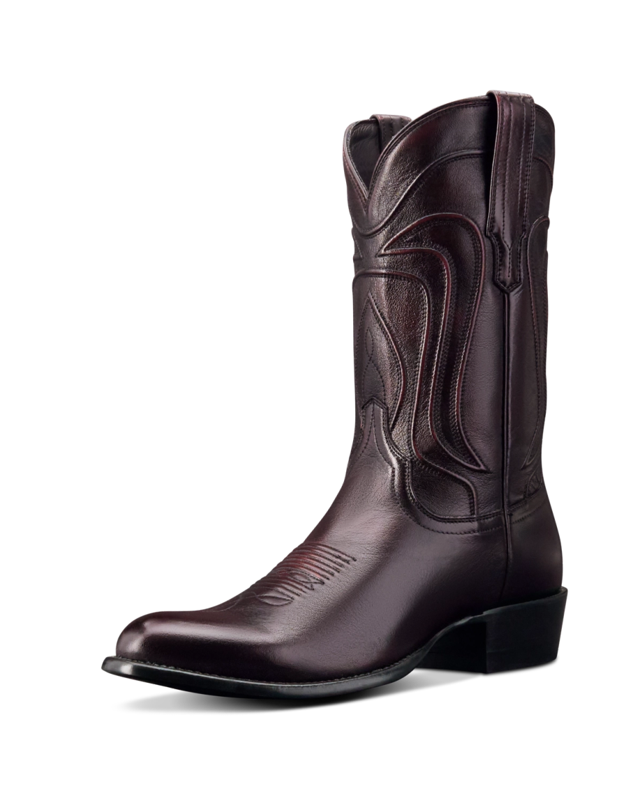 Quarterfront view of The Cartwright - Black Cherry Cowhide on plain background