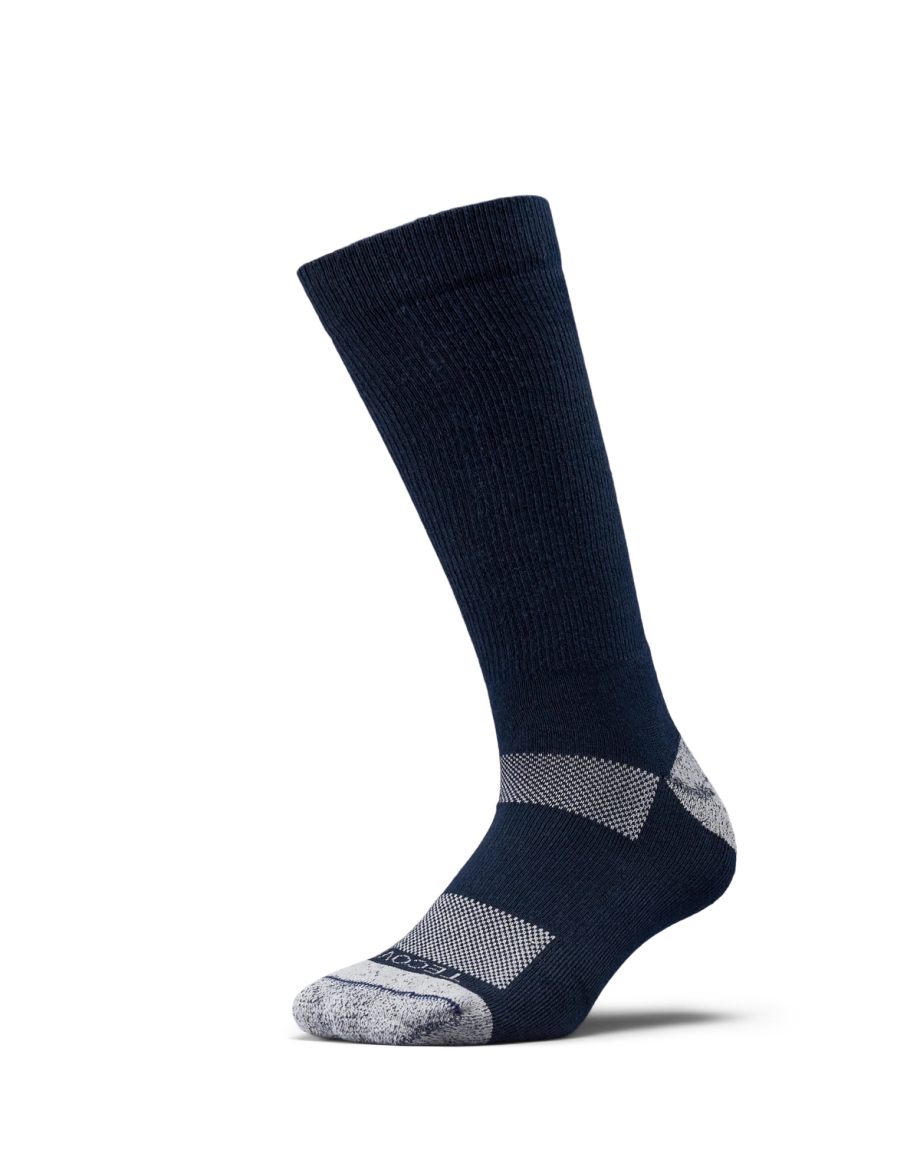 A single navy blue athletic sock with gray accents on the toe, heel, and part of the foot, displayed against a plain white background.