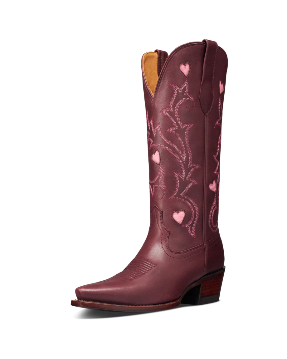 Quarterfront view of The Annie Hearts - Wine Cowhide on plain background