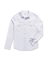 White long-sleeve button-up shirt with two chest pockets and buttoned cuffs.