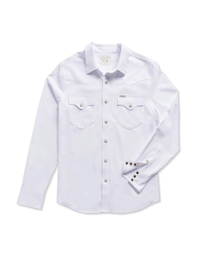 White long-sleeve button-up shirt with two chest pockets and buttoned cuffs.