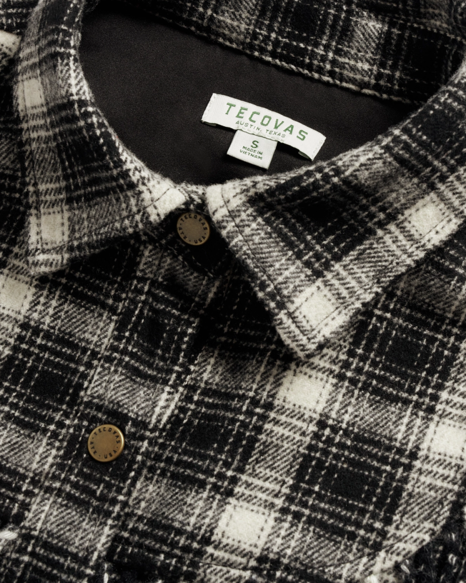 Closeup detail view of Women's Plaid Fringe Shacket - Black / White