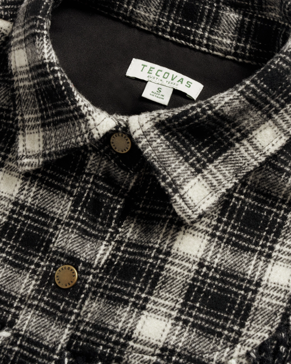 Closeup detail view of Women's Plaid Fringe Shacket - Black / White