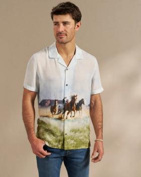 Man wearing the lakeside shirt with Horse Stampede in a studio