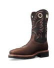 LongHaul Waterproof Square Composite Toe Work Boot in Tobacco / Black Cowhide. A brown and black cowhide leather cowboy boot with red and white stitching, decorative patterns, and pull tabs featuring large metal-reinforced holes.