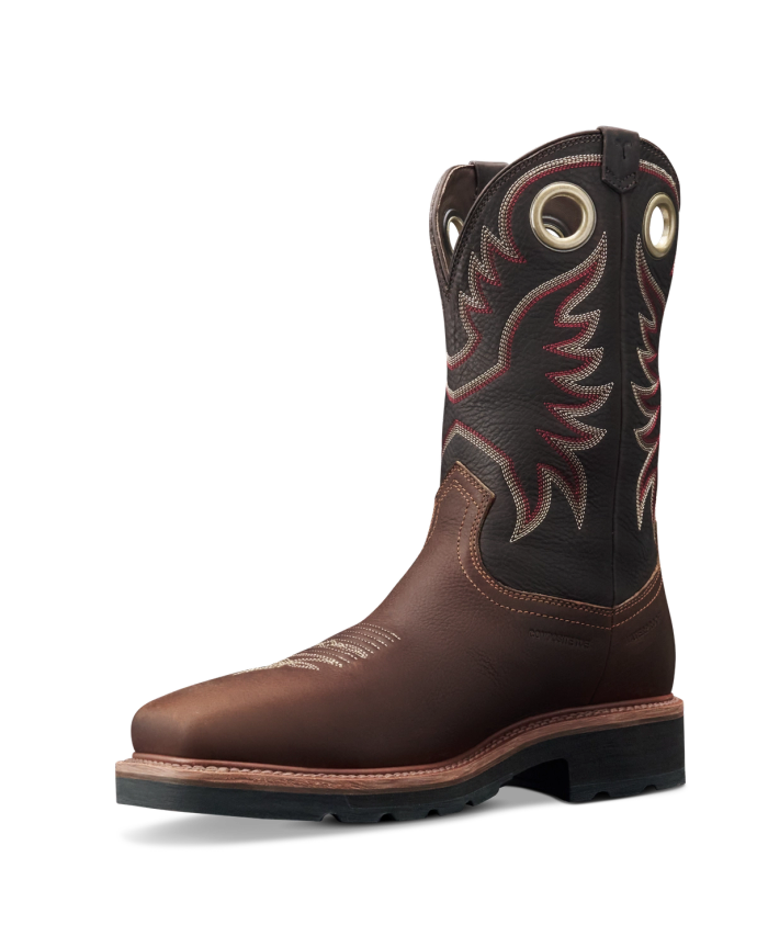 LongHaul Waterproof Square Composite Toe Work Boot in Tobacco / Black Cowhide. A brown and black cowhide leather cowboy boot with red and white stitching, decorative patterns, and pull tabs featuring large metal-reinforced holes.