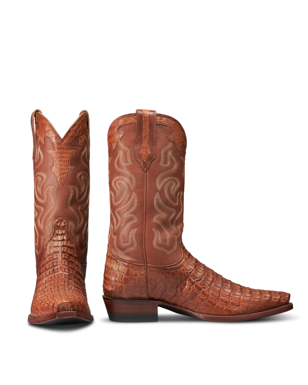 A pair of The Garrett Hornback Caiman cowboy boots in rich pecan brown, featuring textured, patterned hornback caiman leather and decorative stitching on the shafts, shown side by side on a white background.
