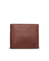 Brown leather wallet with a small embossed logo on the lower right corner, displayed against a plain black background.