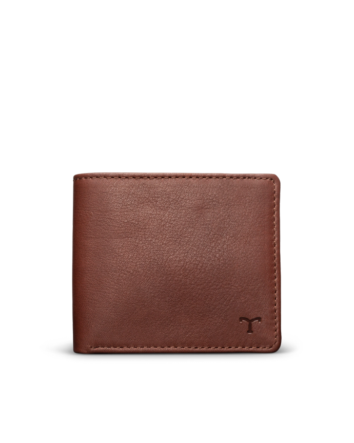 Brown leather wallet with a small embossed logo on the lower right corner, displayed against a plain black background.