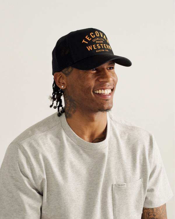 View of Quality Made Trucker Hat - Black/Orange