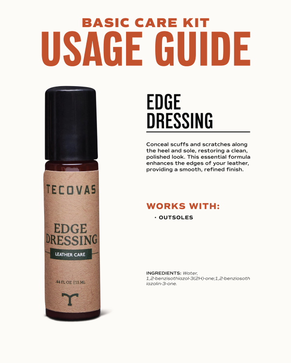 A bottle of Tecovas Edge Dressing with instructions, uses, and ingredients listed on a cream background under the heading "Basic Care Kit Usage Guide.