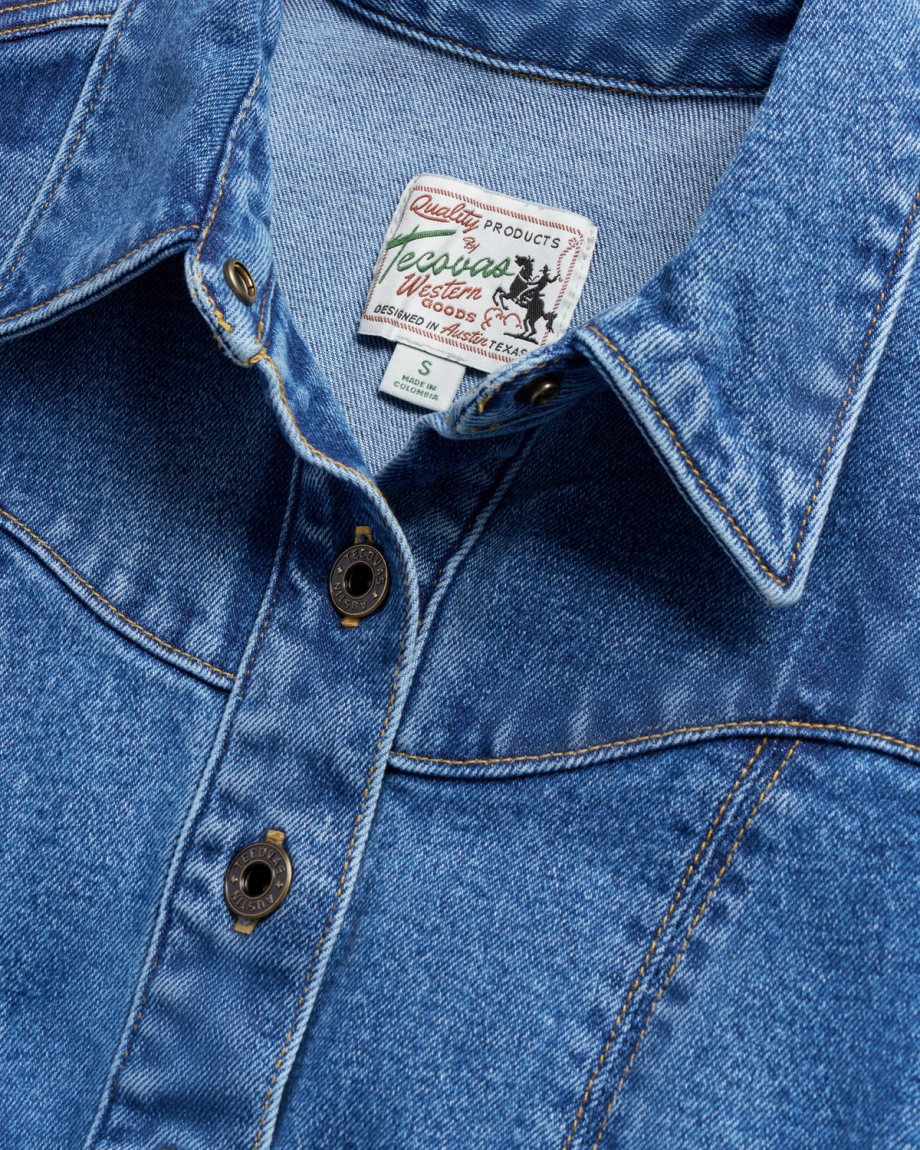 Closeup detail view of Women's S/S Denim Dress - Medium Wash