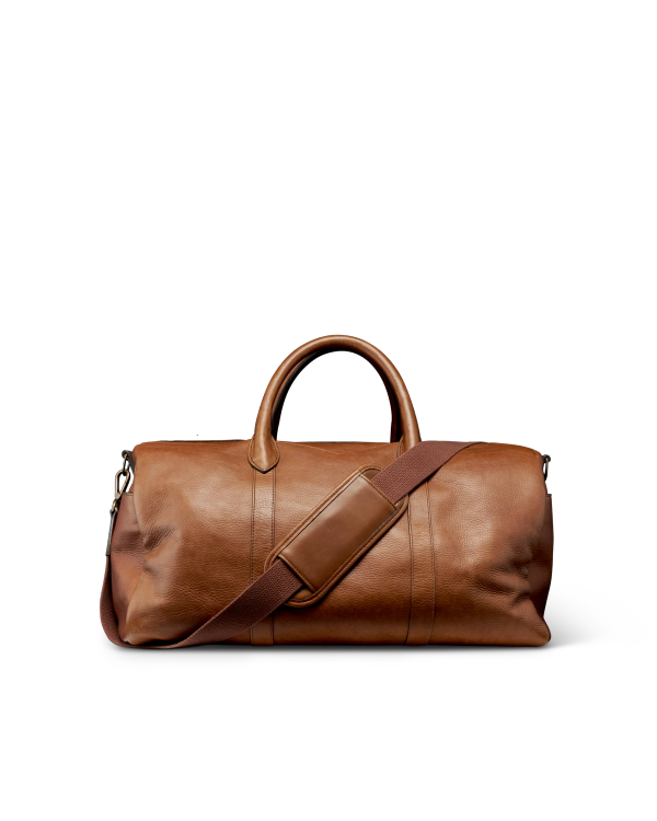 Front view of Lightweight Leather Duffle - Heritage Tan on plain background