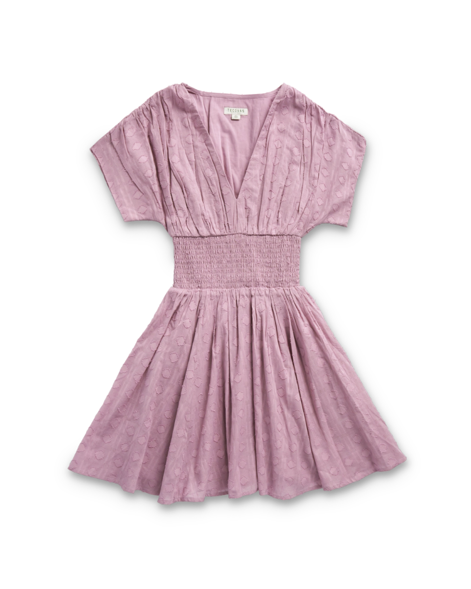Front view of Women's Mini V-Neck Ruched Dobby Dress - Lavender on plain background