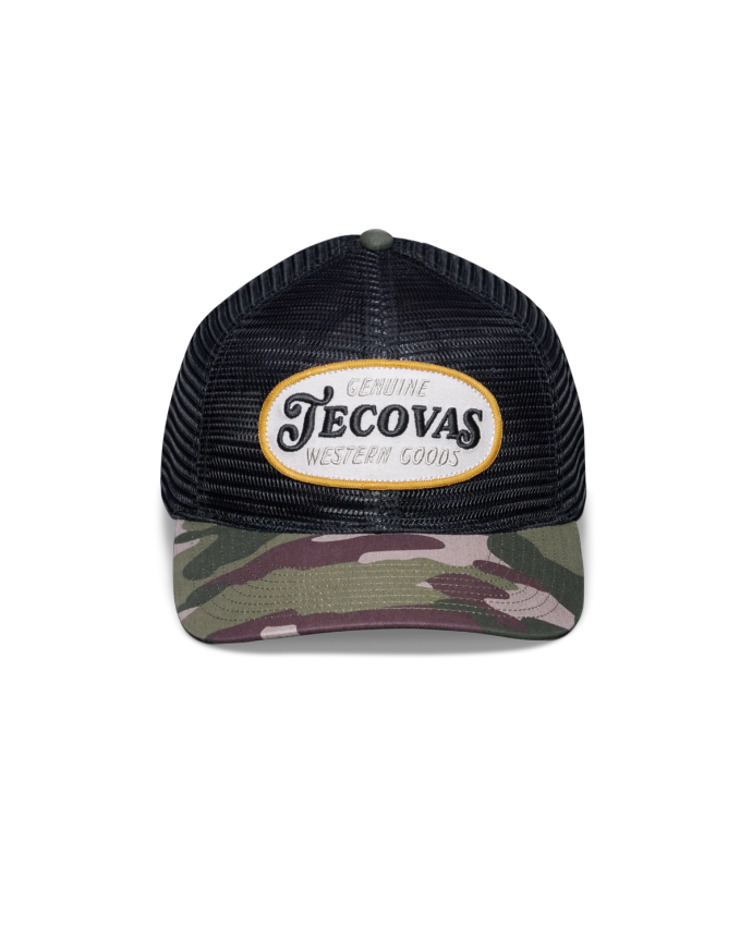 Profile view of Genuine Tecovas Patch 6 Panel Mid Profile Hat - Black/Camo on plain background