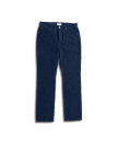 A pair of navy blue corduroy pants with front and back pockets, button and zipper closure, displayed flat on a white background.
