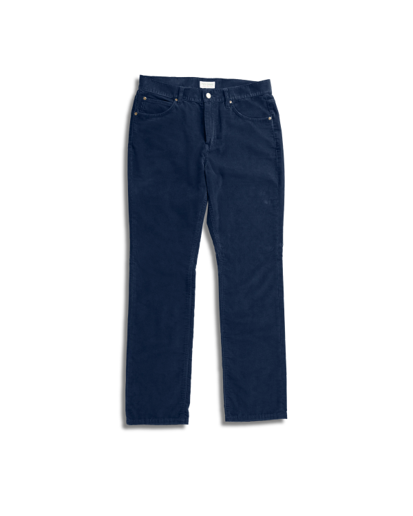 A pair of navy blue corduroy pants with front and back pockets, button and zipper closure, displayed flat on a white background.