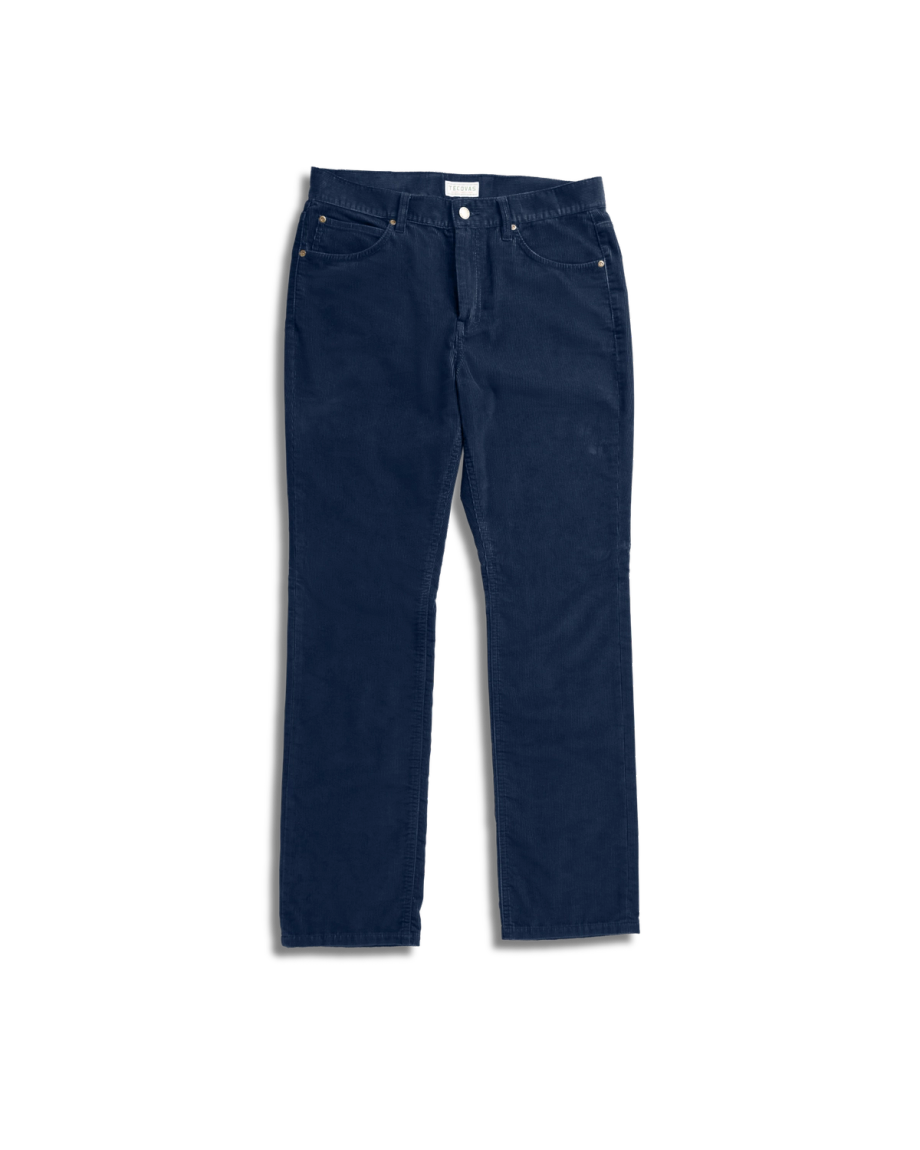 A pair of navy blue corduroy pants with front and back pockets, button and zipper closure, displayed flat on a white background.