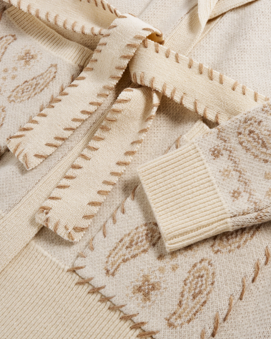 Closeup detail view of Women's Shawl Collar Wrap Sweater - Cream / Tan