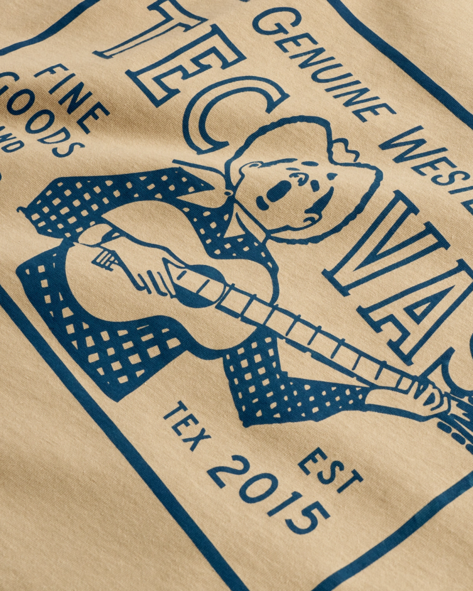 Closeup view of Men's Guitar Fine Goods Tee - Khaki / Blue