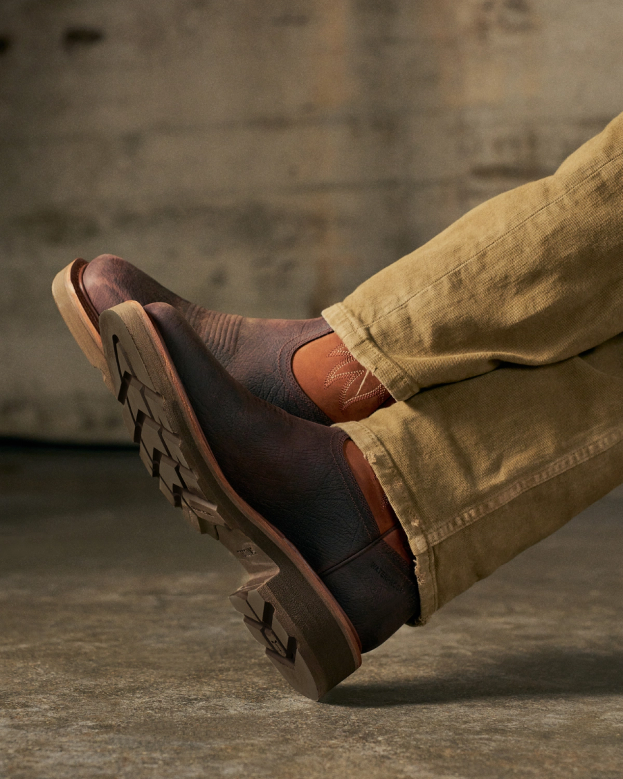 Toe view of LongHaul Waterproof Square Soft Toe Work Boot with Temp Control - Dark Chocolate/Clay Cowhide on plain background