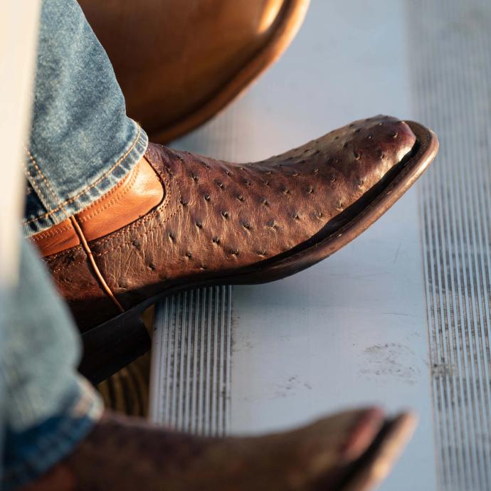 Close up of the Emmitt Mahogany Broad Square Toe cowboy boots in Brown