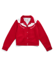 A red, long-sleeve, snap-button jacket with a white yoke and white curved arrow designs on the chest, displayed on a plain white background.