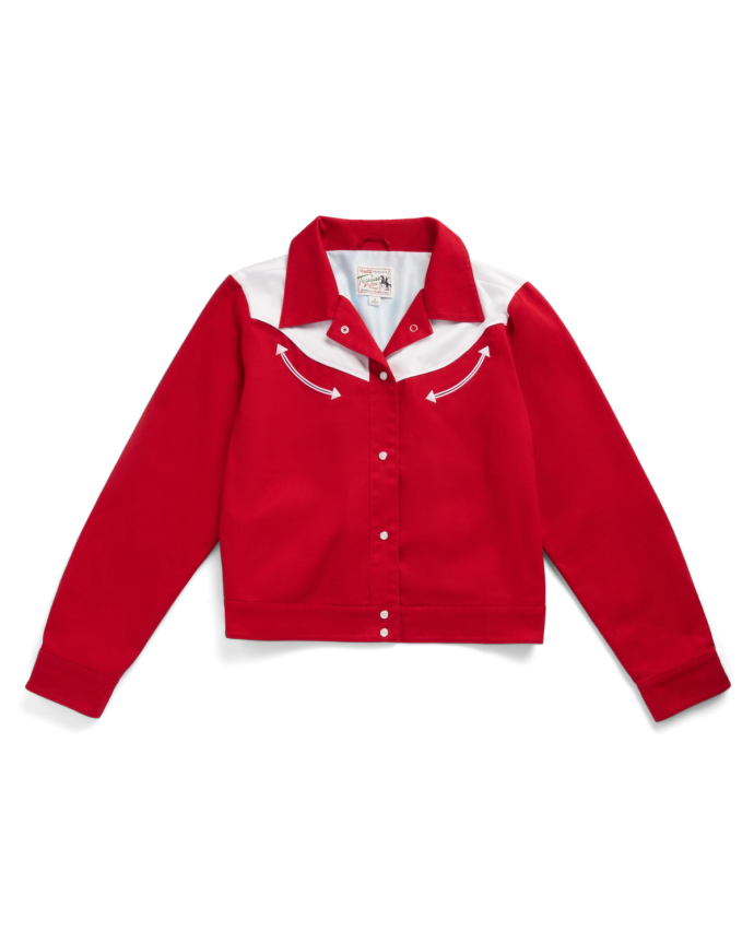 A red, long-sleeve, snap-button jacket with a white yoke and white curved arrow designs on the chest, displayed on a plain white background.