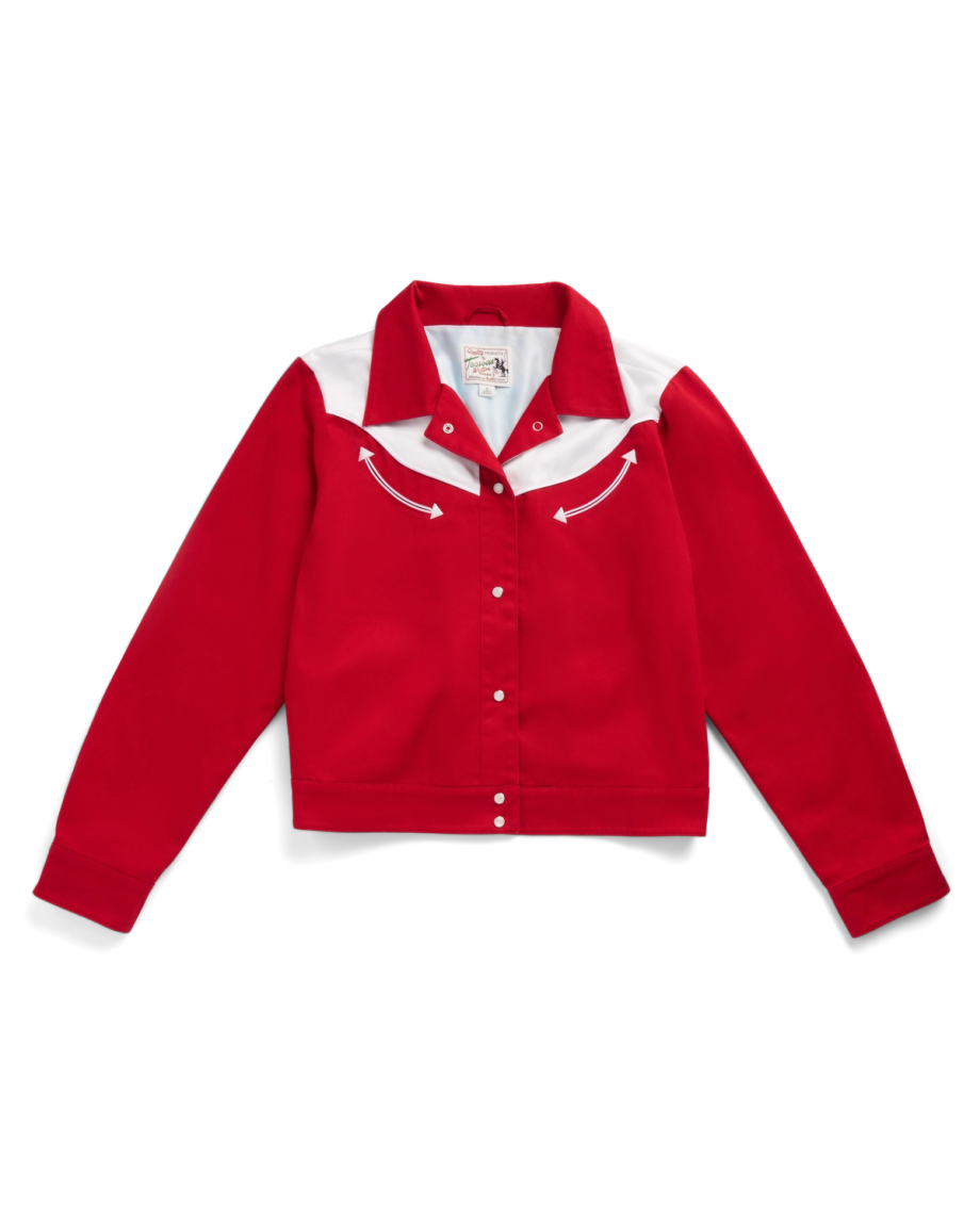 A red, long-sleeve, snap-button jacket with a white yoke and white curved arrow designs on the chest, displayed on a plain white background.