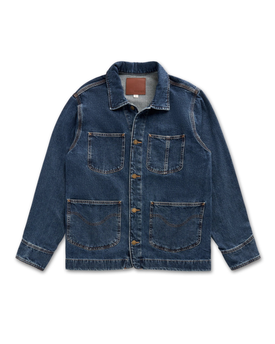Blue denim chore jacket with four front pockets, button closure, and contrast stitching, displayed flat against a light background.