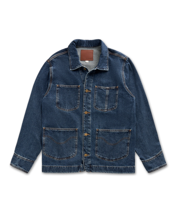 Blue denim chore jacket with four front pockets, button closure, and contrast stitching, displayed flat against a light background.
